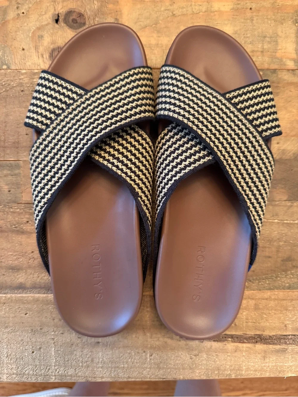 Rothy's weekend slides. Never worn. Black and tan. Very comfortable! - Picture 1 of 4